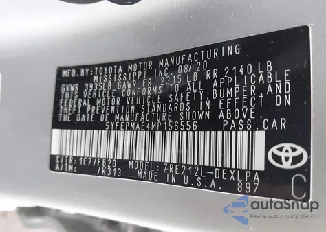 2021 Toyota Corolla Le из США, поврежденный, VIN 5YFEPMAE4MP156556